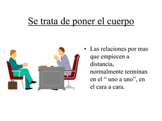 Se trata de poner el cuerpo

              • Las relaciones por mas
                que empiecen a
                distancia,
                normalmente terminan
                en el “ uno a uno”, en
                el cara a cara.
 