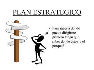 PLAN ESTRATEGICO

        • Para saber a donde
          puedo dirigirme
          primero tengo que
          saber donde estoy y el
          porque?
 