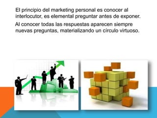 El principio del marketing personal es conocer al 
interlocutor, es elemental preguntar antes de exponer. 
Al conocer todas las respuestas aparecen siempre 
nuevas preguntas, materializando un círculo virtuoso. 
 