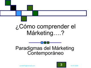 ¿Cómo comprender el
   Márketing….?

Paradigmas del Márketing
    Contemporáneo

 ecmkt01@hotmail.com   3   14.07.2006
 