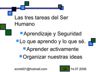 Las tres tareas del Ser
Humano
    Aprendizaje
               y Seguridad
 Lo que aprendo y lo que sé.
    Aprender activamente
  Organizar nuestras ideas


ecmkt01@hotmail.com   34   14.07.2006
 