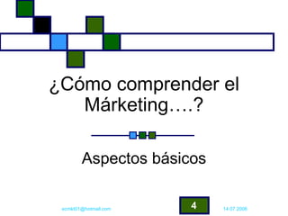 ¿Cómo comprender el
   Márketing….?

        Aspectos básicos

 ecmkt01@hotmail.com   4   14.07.2006
 