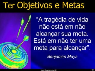 Ter  Objetivos e Metas “ A tragédia de vida não está em não alcançar sua meta. Está em não ter uma meta para alcançar”. Benjamim Mays 