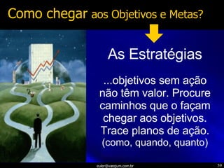 Como chegar   aos Objetivos e Metas?   As Estratégias ...objetivos sem ação não têm valor. Procure caminhos que o façam chegar aos objetivos. Trace planos de ação. (como, quando, quanto) 