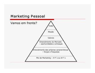 Marketing Pessoal 
Vamos em frente? 
Visão 
Missão 
Valores 
Entendimento do Mercado 
– oportunidades e ameaças 
Entendimento das próprias características 
– forças e fraquezas 
Mix de Marketing – 4 P´s ou 8 P´s
 
