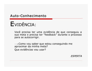 Auto­Conhecimento 
EVIDÊNCIA: 
Você  precisa  ter  uma  evidência  de  que  conseguiu  a 
sua meta e precisa ter “feedback” durante o processo 
para se autocorrigir. 
Como vou saber que estou conseguindo me 
aproximar da minha meta? 
Que evidências vou usar? 
ESPERTA
 