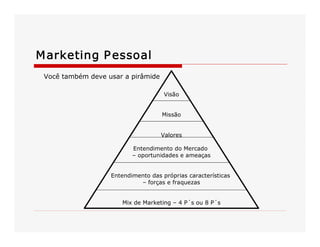 M arketing P essoal 
Você também deve usar a pirâmide 
Visão 

Missão 

Valores 
Entendimento do Mercado 
– oportunidades e ameaças 

Entendimento das próprias características 
– forças e fraquezas 

Mix de Marketing – 4 P´s ou 8 P´s

 
