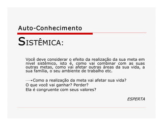 Auto­Conhecimento 

SISTÊMICA: 
Você deve considerar o efeito da realização da sua meta em 
nível  sistêmico,  isto  é,  como  vai  combinar  com  as  suas 
outras  metas,  como  vai  afetar  outras  áreas  da  sua  vida,  a 
sua família, o seu ambiente de trabalho etc. 
Como a realização da meta vai afetar sua vida? 
O que você vai ganhar? Perder? 
Ela é congruente com seus valores? 

ESPERTA

 