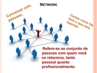 NETWORK

Refere-se ao conjunto de
pessoas com quem você
se relaciona, tanto
pessoal quanto
profissionalmente.

 