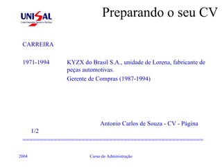 Preparando o seu CV CARREIRA 1971-1994 KYZX do Brasil S.A., unidade de Lorena, fabricante de  peças automotivas. Gerente de Compras (1987-1994) Antonio Carlos de Souza - CV - Página 1/2 ==================================================== 