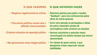O QUE FAZEMOS
•  Reagimos negativamente às críticas
•  Procuramos justificar nossos atos e
defender nossas posições
•  Evitamos situações de exposição pública
•  Não gerenciamos nossa imagem pública
•  Estarmos abertos para pedir e receber
“feedback”, para nos conhecermos pelos
olhos de outras pessoas
•  Ouvir com atenção as percepções e ideias
do outro e descobrir pontos de
convergência onde construir as soluções
•  Sermos voluntários e exercitar nossa
comunicação em público sempre que houver
oportunidade
•  Ter clareza de quem somos, o que
desejamos e fazer repercutir nossas
habilidades
O QUE DEVEMOS FAZER
 