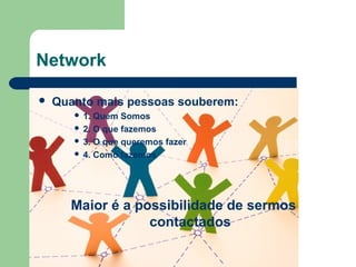 Network
 Quanto mais pessoas souberem:
 1. Quem Somos
 2. O que fazemos
 3. O que queremos fazer
 4. Como fazemos
Maior é a possibilidade de sermos
contactados
 
