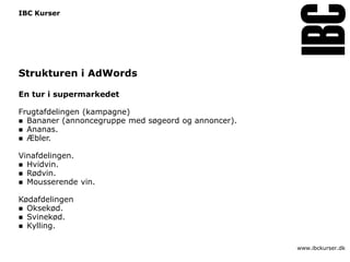 IBC Kurser




Strukturen i AdWords

En tur i supermarkedet

Frugtafdelingen (kampagne)
 Bananer (annoncegruppe med søgeord og annoncer).
 Ananas.
 Æbler.


Vinafdelingen.
 Hvidvin.
 Rødvin.
 Mousserende vin.


Kødafdelingen
 Oksekød.
 Svinekød.
 Kylling.


                                                     www.ibckurser.dk
 