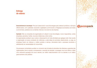 Entrega
de valores
Desenvolvimento de tecnologia: Procurar desenvolver novas tecnologias para oferecer produtos e serviços
diferenciados, com qualidade, buscando a agilidade e promovendo a integração da empresa com todos
os envolvidos, podendo ser os clientes internos e os externos da empresa.
Aquisição: São as conquistas da organização em adquirir novas tecnologias, novos maquinários, outras
empresas, parcerias, fusões, recursos intelectuais, entre outros.
As organizações analisam seus custos e desempenho em toda atividade que agregue valor. Isso auxilia
a organização na busca constante de melhorias a cada etapa do processo desenvolvido, ou seja, as
empresas focam em oferecer o melhor produto e serviço, otimizando todo o processo envolvido e
satisfazendo as necessidades do consumidor.
Os processos comentados auxiliam no momento das tomadas de decisões dos diretores e gerentes das
organizações, pois os ajuda a compreender o mercado de atuação, a propagar uma nova oferta, a obter
uma crescente aquisição de novos clientes, ter melhor relacionamento com os clientes e um melhor
gerenciamento dos pedidos.
 