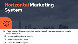 Horizontal Marketing
System
 Two or more unrelated companies join together to pool resources and exploit an emerging
market opportunity.
 In-store banking in hotels, bigstores
 Retail outlets in petrolbunks
 Coffee Day outlets inairports 23
 