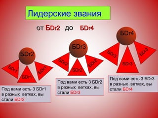 Лидерские звания  Б D r 2 Под вами есть 3 Б D r 1 в разных  ветках, вы стали  Б D r 2 Б D r 1 Б D r 1 Б D r 1 Б D r 3 Под вами есть 3 Б D r 2 в разных  ветках, вы стали  Б D r 3 Б D r 2 Б D r 2 Б D r 2 Б D r 4 Под вами есть 3 Б D r 3 в разных  ветках, вы стали  Б D r 4 Б D r 3 Б D r 3 Б D r 3 от  Б Dr 2  до   Б Dr 4 