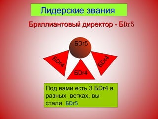 Лидерские звания  Б D r 5 Под вами есть 3 Б D r 4 в разных  ветках, вы стали   Б D r 5 Б D r 4 Б D r 4 Б D r 4 Бриллиантовый директор - Б Dr 5 