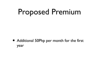 Proposed Premium
• Additional 50Php per month for the first
year
 