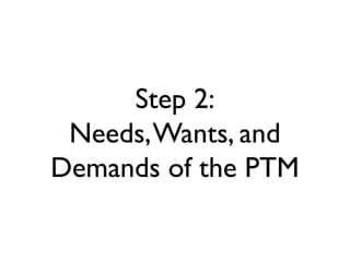 Step 2:
Needs,Wants, and
Demands of the PTM
 
