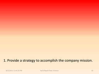 9/14/2010 8:04:27 PMby Dr.Rajesh Patel, Director161. Provide a strategy to accomplish the company mission.