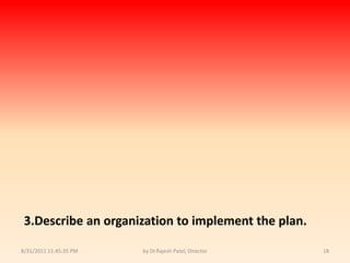9/14/2010 8:04:31 PMby Dr.Rajesh Patel, Director183.Describe an organization to implement the plan.