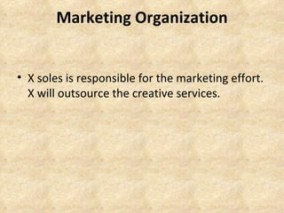 Marketing Organization


• X soles is responsible for the marketing effort.
  X will outsource the creative services.
 