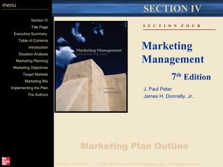 S  E  C  T  I  O  N  F  O  U  R Section IV Title Page Executive Summary  Table of Contents Introduction Situation Analysis Marketing Planning Marketing Objectives Target Markets Marketing Mix Implementing the Plan The Authors menu Marketing Plan Outline Marketing Management J. Paul Peter James H. Donnelly, Jr . 7 th  Edition SECTION IV McGraw-Hill/Irwin © 2004 The McGraw-Hill Companies, Inc., All Rights Reserved. 