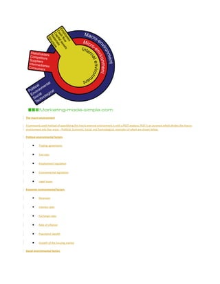 The macro-environment
A commonly used method of quantifying the macro external environment is with a PEST analysis. PEST is an acronym which divides the macro-
environment into four areas – Political, Economic, Social, and Technological, examples of which are shown below.
Political environmental factors
• Trading agreements
• Tax rules
• Employment regulation
• Environmental legislation
• Legal issues
Economic environmental factors
• Recession
• Interest rates
• Exchange rates
• Rate of inflation
• Population wealth
• Growth of the housing market
Social environmental factors
 