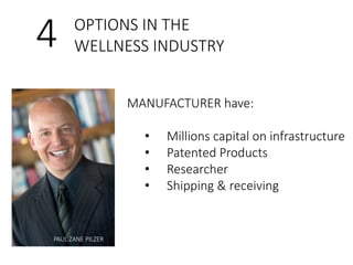 4 OPTIONS IN THE 
WELLNESS INDUSTRY 
MANUFACTURER have: 
• Millions capital on infrastructure 
• Patented Products 
• Researcher 
• Shipping & receiving 
PAUL ZANE PILZER 
 