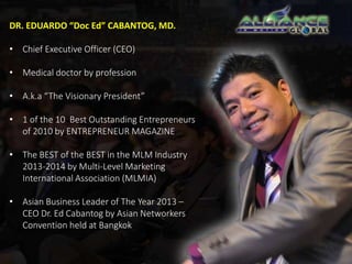 DR. EDUARDO “Doc Ed” CABANTOG, MD. 
• Chief Executive Officer (CEO) 
• Medical doctor by profession 
• A.k.a “The Visionary President” 
• 1 of the 10 Best Outstanding Entrepreneurs 
of 2010 by ENTREPRENEUR MAGAZINE 
• The BEST of the BEST in the MLM Industry 
2013-2014 by Multi-Level Marketing 
International Association (MLMIA) 
• Asian Business Leader of The Year 2013 – 
CEO Dr. Ed Cabantog by Asian Networkers 
Convention held at Bangkok 
 