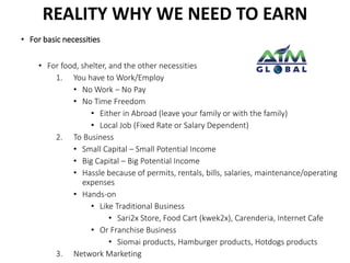 REALITY WHY WE NEED TO EARN 
• For basic necessities 
• For food, shelter, and the other necessities 
1. You have to Work/Employ 
• No Work – No Pay 
• No Time Freedom 
• Either in Abroad (leave your family or with the family) 
• Local Job (Fixed Rate or Salary Dependent) 
2. To Business 
• Small Capital – Small Potential Income 
• Big Capital – Big Potential Income 
• Hassle because of permits, rentals, bills, salaries, maintenance/operating 
expenses 
• Hands-on 
• Like Traditional Business 
• Sari2x Store, Food Cart (kwek2x), Carenderia, Internet Cafe 
• Or Franchise Business 
• Siomai products, Hamburger products, Hotdogs products 
3. Network Marketing 
 
