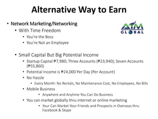 Alternative Way to Earn 
• Network Marketing/Networking 
• With Time Freedom 
• You’re the Boss 
• You’re Not an Employee 
• Small Capital But Big Potential Income 
• Startup Capital ₱7,980; Three Accounts (₱23,940); Seven Accounts 
(₱55,860) 
• Potential Income is ₱24,000 Per Day (Per Account) 
• No Hassle 
• Every Month: No Rentals, No Maintenance Cost, No Employees, No Bills 
• Mobile Business 
• Anywhere and Anytime You Can Do Business 
• You can market globally thru internet or online marketing 
• Your Can Market Your Friends and Prospects in Overseas thru 
Facebook & Skype 
 