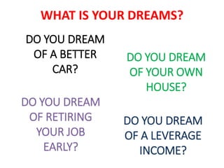 WHAT IS YOUR DREAMS? 
DO YOU DREAM 
OF A BETTER 
CAR? 
DO YOU DREAM 
OF YOUR OWN 
HOUSE? 
DO YOU DREAM 
OF RETIRING 
YOUR JOB 
EARLY? 
DO YOU DREAM 
OF A LEVERAGE 
INCOME? 
 