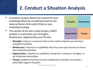2. Conduct a Situation Analysis 
– Strengths: assets or a resources that can be used to improve your business’ 
competitive position. 
– Weaknesses: resources or capabilities that may cause your business to have a 
less competitive position. 
– Opportunities: situations or conditions arising from a business’ strengths, or 
set of positive externalities. 
– Threats: problems that focus on your weaknesses and which can create a 
potentially negative situation. 
Strengths Weaknesses 
Opportunities Threats 
 A situation analysis details the context for your 
marketing efforts by considering internal and 
external factors that could influence your 
marketing strategy. 
 This section of the plan could include a SWOT 
analysis to summarize your Strengths, 
Weaknesses, Opportunities and Threats. 
10 
Developing a Marketing Plan 
 