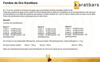 Fondos de Oro Karatbars 
El 1 % de oro vendido en compras de pago único se transfiere al fondo Karatbars Gold Fonds. 
Todas las compras de pago único a partir de 500 € del mercado mundial se contabilizan en el correspondiente ciclo mensual. 
Los beneficiarios son todas las personas que posean 3 líneas directas con –por lo menos- 9000 puntos en cada una de ellas. 
Todos los beneficiarios tienen participaciones en este fondo. 
Ejemplo: 
3 socios son beneficiarios: 
Socio 1: 
Línea 1: 10.000 puntos 
Línea 2: 10.000 puntos 
Línea 3: 19.000 puntos 
En total: 29.000 puntos = 29 
participaciones 
Socio 2: 
Línea 1: 12.000 puntos 
Línea 2: 12.000 puntos 
Línea 3: 9.000 puntos 
En total: 33.000 puntos = 33 
participaciones 
Socio 3: 
Línea 1: 16.000 puntos 
Línea 2: 12.000 puntos 
Línea 3: 10.000 puntos 
En total: 38.000 puntos = 38 
participaciones 
En el fondo se han depositado 500 gramos, entonces existen 100 participaciones. Cada participacíon: = 5 g. 
De esta manera reciben: Socio 1: 145 g; Socio 2: 165 g; Socio 3: 190 g 
Estos son directamente abonados como Bonificación en Oro en la cuenta de los socios beneficiarios. 
 