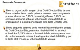Bonos de Generación 
Si en su organización surgen otros Gold Director Elite de una 
línea, usted obtiene con la primera persona que consiga este 
puesto, el nivel del 5,75 %, lo cual significa el 0,25 % de 
comisión adicional sobre el volumen de ventas total de la 
organización a la cual pertenezaca este Gold Director Elite. 
Si una segunda persona de la misma línea consigue el puesto 
de Gold Director Elite, pasará al nivel del 5,90 %, es decir 
obtendrá el 0,15 % de su volumen total de ventas y en el caso 
de un tercero en la misma línea logrará el nivel del 6,0%, y por 
lo tanto el 0,1 % de su volumen total de ventas. 
 