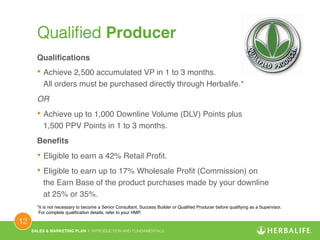 SALES & MARKETING PLAN | INTRODUCTION AND FUNDAMENTALS! 
12 ! 
Qualified Producer! 
Qualifications! 
• Achieve 2,500 accumulated VP in 1 to 3 months. 
All orders must be purchased directly through Herbalife.*! 
OR! 
• Achieve up to 1,000 Downline Volume (DLV) Points plus 
1,500 PPV Points in 1 to 3 months.! 
Benefits! 
• Eligible to earn a 42% Retail Profit.! 
• Eligible to earn up to 17% Wholesale Profit (Commission) on 
the Earn Base of the product purchases made by your downline 
at 25% or 35%.! 
*It is not necessary to become a Senior Consultant, Success Builder or Qualified Producer before qualifying as a Supervisor. 
For complete qualification details, refer to your HMP.! 
 