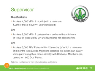 SALES & MARKETING PLAN | INTRODUCTION AND FUNDAMENTALS! 
13 ! 
Supervisor! 
Qualifications! 
• Achieve 4,000 VP in 1 month (with a minimum 
1,000 of those 4,000 VP unencumbered).! 
OR! 
• Achieve 2,500 VP in 2 consecutive months (with a minimum 
of 1,000 of those 2,500 VP unencumbered for each month).! 
OR! 
• Achieve 5,000 PPV Points within 12 months (of which a minimum 
of 3 months is required). Members selecting this option can qualify 
when purchasing their orders directly with Herbalife. Members can 
use up to 1,000 DLV Points.! 
Note: See your Sponsor for more information about qualifications.! 
 
