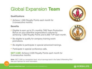 SALES & MARKETING PLAN | INTRODUCTION AND FUNDAMENTALS! 
18 ! 
Global Expansion Team! 
Qualifications! 
• Achieve 1,000 Royalty Points each month for 
3 consecutive months.! 
Benefits! 
• Eligible to earn up to 2% monthly TAB Team Production 
Bonus on your downline organization’s volume by 
achieving 1,000 Royalty Points and 5,000 TVP each month.! 
• Be eligible to qualify for company training event 
promotions.! 
• Be eligible to participate in special advanced trainings. 
• Participate in special conference calls.! 
GET 2,500: Achieve 2,500 Royalty Points each month for 
3 consecutive months.! 
Note: GET 2,500 is a recognition level, not an earnings level in the Sales & Marketing Plan. 
See your Sponsor for more information.! 
 