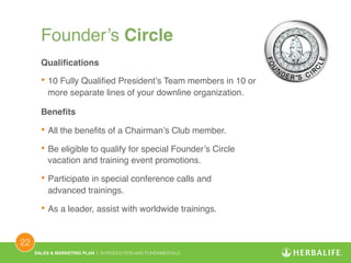 SALES & MARKETING PLAN | INTRODUCTION AND FUNDAMENTALS! 
22 ! 
Founder’s Circle ! 
Qualifications! 
• 10 Fully Qualified President’s Team members in 10 or 
more separate lines of your downline organization.! 
Benefits! 
• All the benefits of a Chairman’s Club member.! 
• Be eligible to qualify for special Founder’s Circle 
vacation and training event promotions.! 
• Participate in special conference calls and 
advanced trainings.! 
• As a leader, assist with worldwide trainings.! 
 