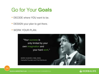 • DECIDE where YOU want to be.! 
• DESIGN your plan to get there.! 
• WORK YOUR PLAN.! 
SALES & MARKETING PLAN | INTRODUCTION AND FUNDAMENTALS! 
24 ! 
Go for Your Goals! 
“Your success is! 
only limited by your! 
own imagination and! 
your hard work.”! 
MARK HUGHES (1956–2000)! 
Herbalife Founder and First Distributor! 
 