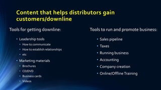 • Leadership tools
• How to communicate
• How to establish relationships
• etc
• Marketing materials
• Brochures
• CD/DVD
• Business cards
• Videos
Content that helps distributors gain
customers/downline
Tools for getting downline:
• Sales pipeline
• Taxes
• Running business
• Accounting
• Company creation
• Online/OfflineTraining
Tools to run and promote business:
 