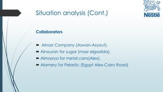 Situation analysis (Cont.)
Collaborators
 Alnasr Company (Aswan-Asyout).
 Alnouran for sugar (masr elgadida).
 Almasrya for metal cans(Alex).
 Alamery for Pelastic (Egypt Alex-Cairo Road)
 