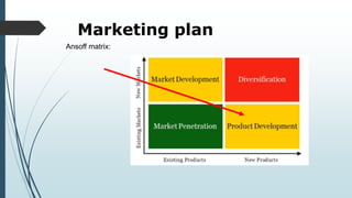 Marketing plan
Ansoff matrix:
 