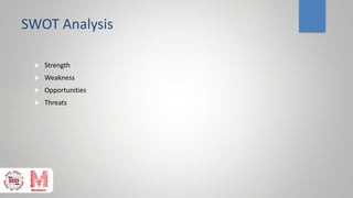 SWOT Analysis
 Strength
 Weakness
 Opportunities
 Threats
 