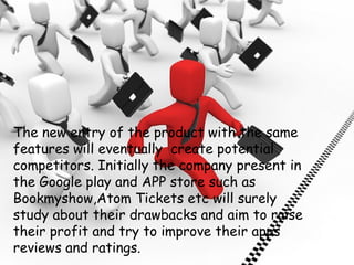 The new entry of the product with the same
features will eventually create potential
competitors. Initially the company present in
the Google play and APP store such as
Bookmyshow,Atom Tickets etc will surely
study about their drawbacks and aim to raise
their profit and try to improve their apps
reviews and ratings.
 