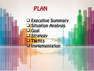 PLAN
 Executive Summary
 Situation Analysis
 Goal
 Strategy
 Tactics
 Implementation
 
