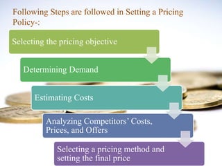 Selecting the pricing objective
Determining Demand
Estimating Costs
Analyzing Competitors’ Costs,
Prices, and Offers
Selecting a pricing method and
setting the final price
Following Steps are followed in Setting a Pricing
Policy-:
 