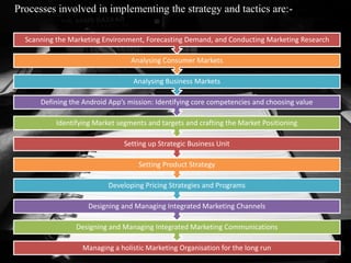 Processes involved in implementing the strategy and tactics are:-
Managing a holistic Marketing Organisation for the long run
Designing and Managing Integrated Marketing Communications
Designing and Managing Integrated Marketing Channels
Developing Pricing Strategies and Programs
Setting Product Strategy
Setting up Strategic Business Unit
Identifying Market segments and targets and crafting the Market Positioning
Defining the Android App’s mission: Identifying core competencies and choosing value
Analysing Business Markets
Analysing Consumer Markets
Scanning the Marketing Environment, Forecasting Demand, and Conducting Marketing Research
 