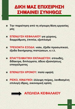 3
ΔΙΚΗ ΜΑΣ ΕΠΙΧΕΙΡΗΣΗ
ΣΗΜΑΙΝΕΙ ΣΥΝΗΘΩΣ
Την παραίτηση από τη σίγουρη θέση εργασίας
μας
ΕΠΕΝΔΥΣΗ ΚΕΦΑΛΑΙΟΥ για χώρους,
διαρρύθμιση, έπιπλα, εξοπλισμό
ΤΡΕΧΟΝΤΑ ΕΞΟΔΑ: νοίκι, έξοδα προσωπικού,
έξοδα διατήρησης πιστώσεων, κ.τ.λ.
ΕΠΑΓΓΕΛΜΑΤΙΚΗ ΕΚΠΑΙΔΕΥΣΗ: σπουδές,
δίδακτρα, διπλώματα, άδεια εξασκήσεως
επαγγέλματος
ΕΠΕΝΔΥΣΗ ΧΡΟΝΟΥ: πολύ υψηλή
ΡΙΣΚΟ, ΚΙΝΔΥΝΟΙ: έλλειψη πείρας, λανθασμένη
επιλογή έδρας, οικονομική κρίση
ΑΠΩΛΕΙΑ ΚΕΦΑΛΑΙΟΥ
 